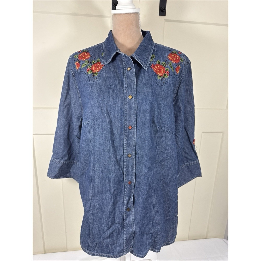 CJ Banks Womens 2X Denim Shirt Snap Up Embroidered Roses Grandmacore Cottagecore